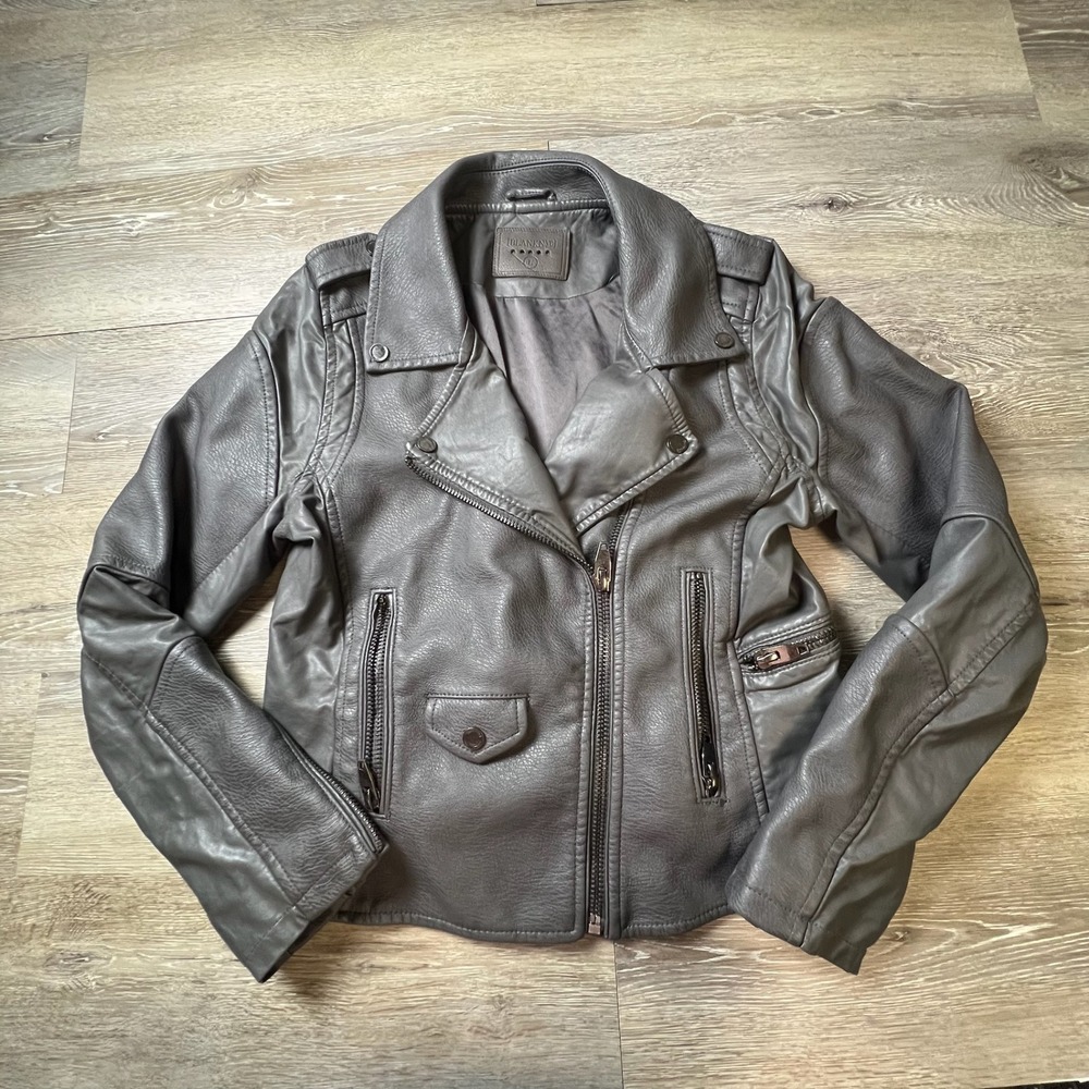 BLANKNYC Moto Jacket Womens L Grey Faux Leather Asymmetric Zip Biker 05G-9407W0